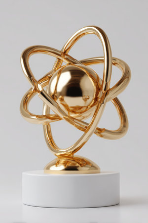 Photorealistic image of a golden atom sculpture trophy on a white pedestal. The design features smooth reflections and a minimal background, symbolizing scientific achievement.の素材