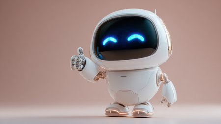 A charming AI companion robot with a sleek white shell and a smiling digital face raises its thumb in enthusiasm. The scene is set in a futuristic, sci-fi minimalist style with soft ambient light.の素材
