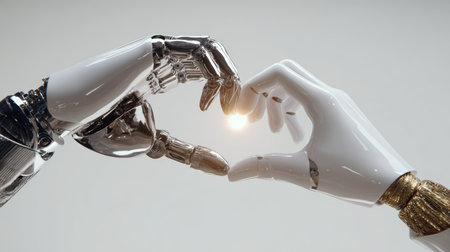 A sleek metallic android hand and a human hand create a heart symbol, showcasing the blend of technology and humanity in a clean white setting with a cinematic emotional tone.の素材