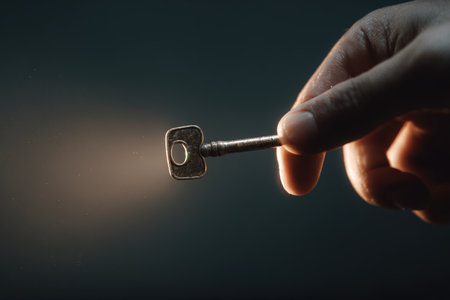 A photorealistic image of a hand releasing a small key into darkness, symbolizing trust and action without guarantees. The soft lighting enhances the mysterious and symbolic setup.の素材
