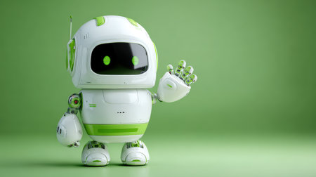 3D render of a charming humanoid robot with a white ceramic body and glowing green joints, standing with one hand raised. The background features a smooth green gradient and soft lighting.の素材