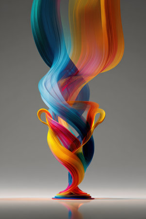 Digital illustration featuring vibrant ribbons swirling around a glowing trophy, symbolizing creative excellence. Set against a smooth gradient background, the design is clean and elegant.の素材