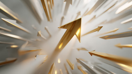 A dynamic 3D composition featuring a gold arrow pointing upward, surrounded by neutral white arrows. The image uses motion blur and cinematic lighting to symbolize success and progress.の素材