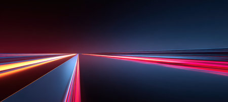 Abstract image of racing track lanes converging into perspective with sleek neon gradients and glossy reflections. Modern minimal design, ideal for web banners and backgrounds.の素材