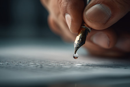 A photorealistic macro image captures a single bead of sweat falling from a man's hand onto a signed business document, highlighting a high-tension moment with moody lighting.の素材
