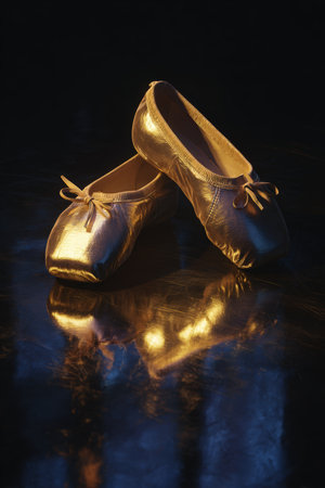 Photorealistic image of golden ballet shoes placed on a reflective floor under a spotlight. The minimalistic and clean aesthetic highlights the elegance and symbolism of dance.の素材