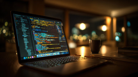Cinematic macro shot of a developer's laptop displaying colorful programming syntax. The scene is set in a modern office with warm ambient lighting, focusing on vivid text lines.の素材