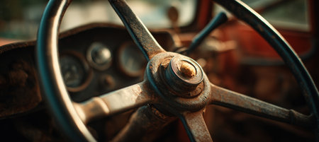 Close-up image of a vintage tractor's steering wheel and dashboard, showcasing tactile realism and a shallow depth of field. The shot captures the essence of classic farming machinery.の素材