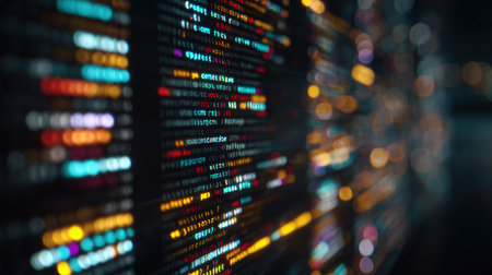Close-up view of a computer screen displaying vivid multicolored code lines on a dark interface. The background features a cinematic bokeh effect, enhancing the modern cyber aesthetic.の素材