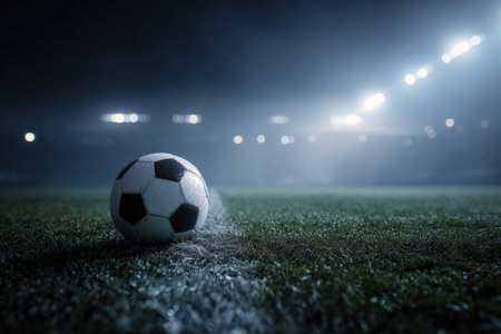 A black and white soccer ball rests on the green field line, illuminated by bright stadium lights. The misty night atmosphere and low-angle focus create a cinematic realism.の素材