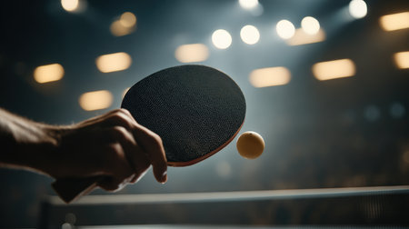 Cinematic close-up of an athlete's hand holding a table tennis paddle with a ball suspended in mid-air. The scene features sleek arena lighting, warm highlights, and a soft background blur.の素材