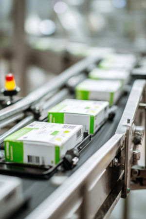 Close-up image of packaged products with eco-friendly labels moving along a conveyor belt in a clean facility. The scene features sharp textures and green accents, highlighting sustainability.の素材