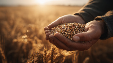 Close-up image of hands holding wheat grains against a golden farmland backdrop. The soft sunlight and warm tones evoke a sense of harvest and abundance in rural settings.の素材