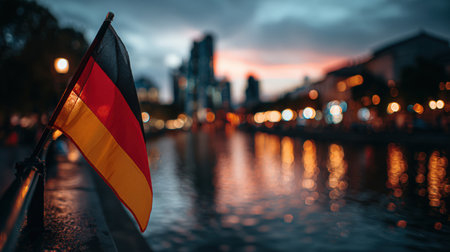 Close-up of Germany's flag waving over a cityscape during sunset. The evening sky displays orange and blue hues, with reflections on water, captured in cinematic style.の素材