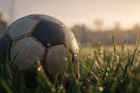 Close-up macro image of a soccer ball resting on wet grass blades, covered in early morning dew. Captured in soft sunrise lighting, creating a minimalistic sports still life.の素材
