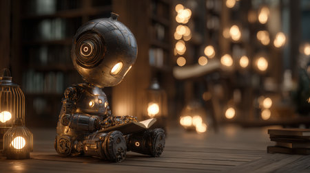 A charming humanoid robot made of brushed steel and soft lights sits on the floor reading in a cozy study. The scene is illuminated by glowing lamps and bookshelves, creating a dreamy, cinematic atmosの素材
