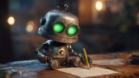 A cute small robot with glowing green eyes writes with a pencil on paper at a wooden desk. The scene features cozy evening lighting and a warm, cinematic atmosphere in 3D realism.の素材