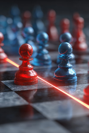 Conceptual 3D render depicting red and blue pawns on a chessboard, separated by a glowing line. The image features cinematic contrast and reflective surfaces, symbolizing strategic business concepts.の素材