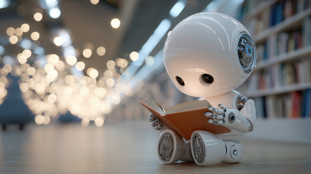 A cute, childlike robot with a glossy white body and mechanical fingers reads a book in a softly lit modern library. The background features bokeh lights, creating a heartwarming scene.の素材