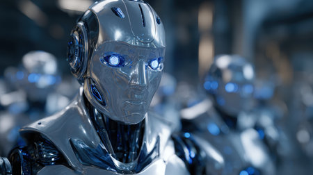 A futuristic humanoid robot with silver metallic skin and blue glowing eyes stands among identical robots in a high-tech factory. The scene has a cinematic atmosphere.の素材