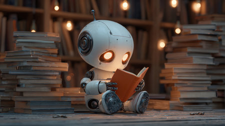 A charming white android with silver joints and glowing LED eyes reads an orange book in a cozy library. Surrounded by stacks of books, the scene evokes a warm, Pixar-style atmosphere.の素材