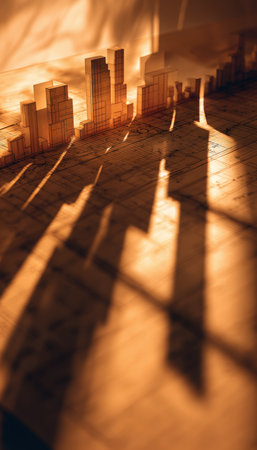 Surreal minimalistic photo of a sustainable city model casting intricate shadows on a blueprint. Warm contrast lighting enhances the artistic and abstract composition.の素材