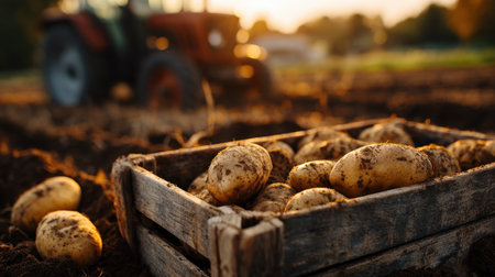 Freshly harvested potatoes rest in a rustic wooden box on brown soil, with a red tractor in the background. The scene is beautifully lit by a golden sunset, capturing a cinematic countryside vibe.の素材