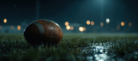 A football rests on wet grass after rain, capturing reflections of lights on the field. The image features a dramatic cinematic tone with a shallow depth of field from a side perspective.の素材