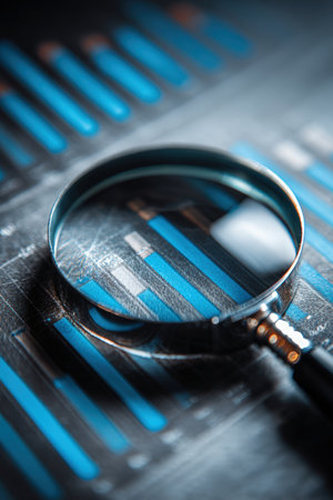 Macro photograph showcasing a magnifying lens distorting blue chart bars. The image highlights sharp details and light reflections, creating a scientific precision mood.の素材