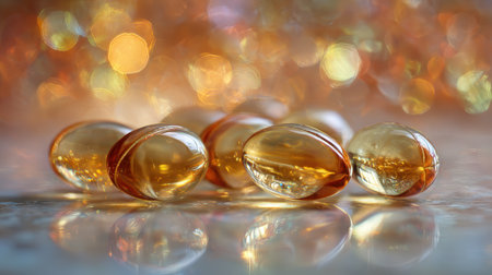 Elegant macro image of vitamin capsules showcasing a transparent gel structure. Features a radiant golden color palette with shallow focus and bokeh lights for a health-inspired style.の素材