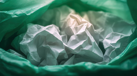 Macro photograph showcasing crumpled paper textures inside a green trash bag, highlighting environmental waste. The image features soft white lighting for detailed texture emphasis.の素材