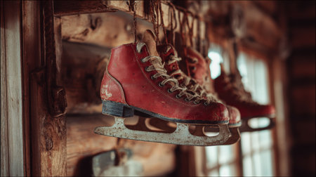 A close-up of worn red skates hanging from a hook in a rustic cabin. The cozy wood interior and natural soft light create a vintage, nostalgic atmosphere in this still life photo.の素材