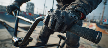 A detailed close-up of a BMX rider's gloved hand gripping the handlebars, capturing the tension and gear. The urban skatepark setting adds a dynamic backdrop to this photorealistic image.の素材