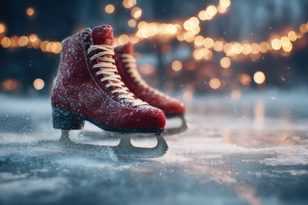 Close-up of red ice skates gliding on a frozen rink, scattering snow dust. Warm bokeh lights create a festive winter atmosphere, captured in a cinematic style with shallow depth.の素材