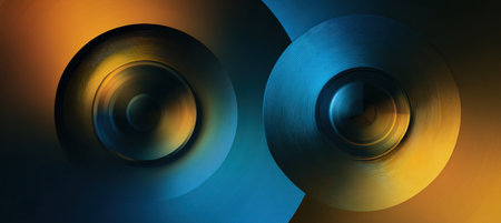 Futuristic abstract illustration featuring two camera lenses facing each other. The design showcases gradient tones of blue and gold, creating a modern and minimal aesthetic.の素材