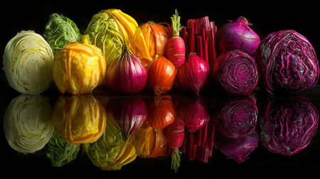 A vibrant arrangement of multicolored vegetables showcasing detailed textures and reflections. This high-contrast food photography emphasizes health and freshness in a professional setting.の素材