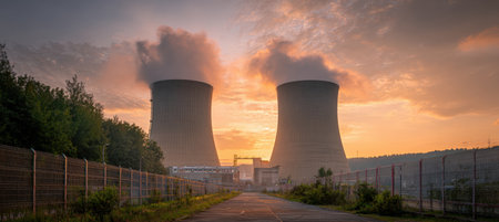 A captivating image of a nuclear power plant at sunset, featuring twin cooling towers emitting light mist, surrounded by security fences and lush greenery.の素材