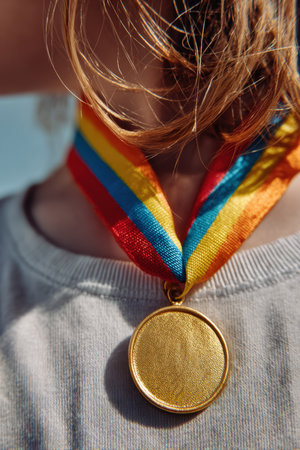 Photorealistic close-up of a gold medal hanging from a colorful ribbon around a child's neck. Captured in bright daylight with a clean background, showcasing macro details.の素材