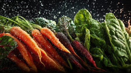 A vibrant display of fresh organic vegetables, including carrots and leafy greens, with shimmering water drops. Captured in a cinematic style, highlighting a healthy lifestyle.の素材
