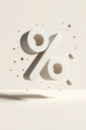 Minimalist design featuring a floating percentage icon over a white background with soft shadows. Ideal for abstract presentations and modern financial themes.の素材