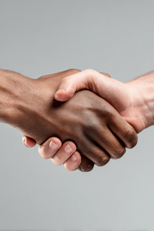 Close-up image of two hands shaking in a professional manner against a plain light gray backdrop. Ideal for business presentations, e-commerce, and partnership concepts.の素材