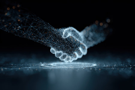 Abstract lines and dots form a handshake above a glowing digital platform, representing blockchain contracts and digital agreements in a futuristic style.の素材