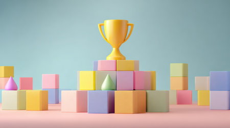 Stylized 3D illustration of colorful toy blocks arranged to form a trophy. Set against a soft pastel background, this image represents child creativity and playful geometry.の素材