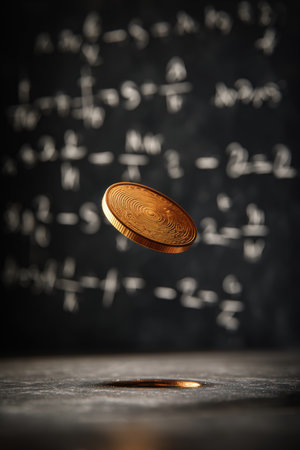 A photorealistic image of a coin spinning mid-air in front of a blackboard filled with financial equations. The sharp focus and soft depth of field highlight the coin's motion.の素材
