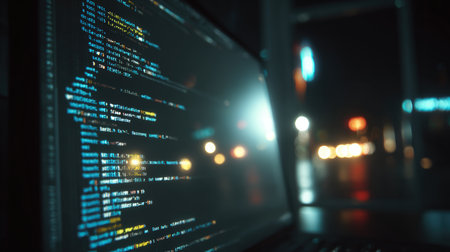 Close-up shot of a programmer's computer screen displaying highlighted source code. The moody, dark workspace features reflections of light, creating a cinematic and digital depth effect.の素材