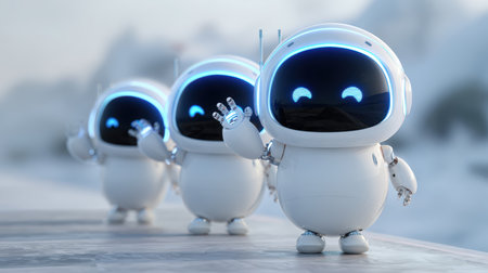 Adorable small robots with rounded shapes and blue glowing accents wave together. Set against a white minimalist background, the scene exudes a cute and optimistic vibe.の素材