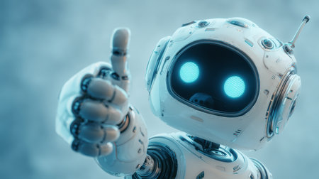 A high-detail render of a happy service robot with glossy ceramic armor and circular LED eyes, giving a thumbs up. The scene is set in a glowing soft blue environment.の素材