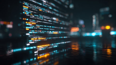 Macro image of syntax-highlighted code on a dark monitor, featuring neon reflections. The scene evokes a futuristic, cyberpunk atmosphere with blue and orange tones.の素材
