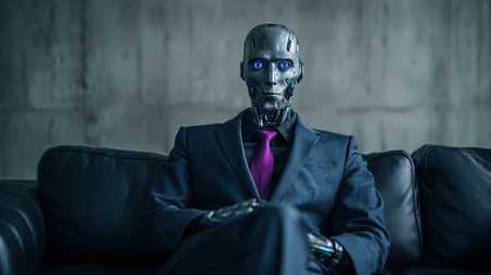 A humanoid robot with a silver metallic face and blue eyes, dressed in a navy suit and purple tie, sits confidently on a black leather sofa in a minimalist office setting.の素材