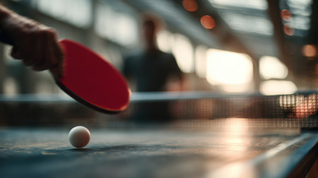 Cinematic shot of a ping pong player in action, featuring a red paddle and white ball in sharp focus. The indoor arena background is blurred with warm sunset tones, enhancing the scene's depth.の素材